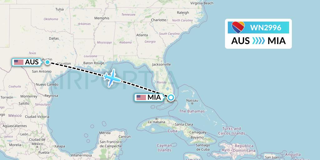 WN2996 Southwest Airlines Flight Map: Austin to Miami