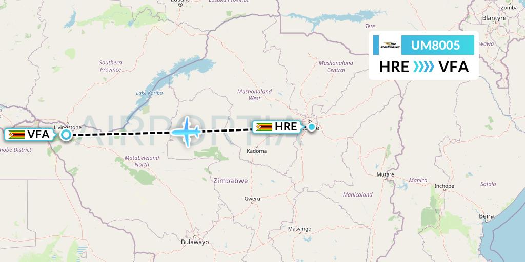 UM8005 Air Zimbabwe Flight Map: Harare to Victoria Falls