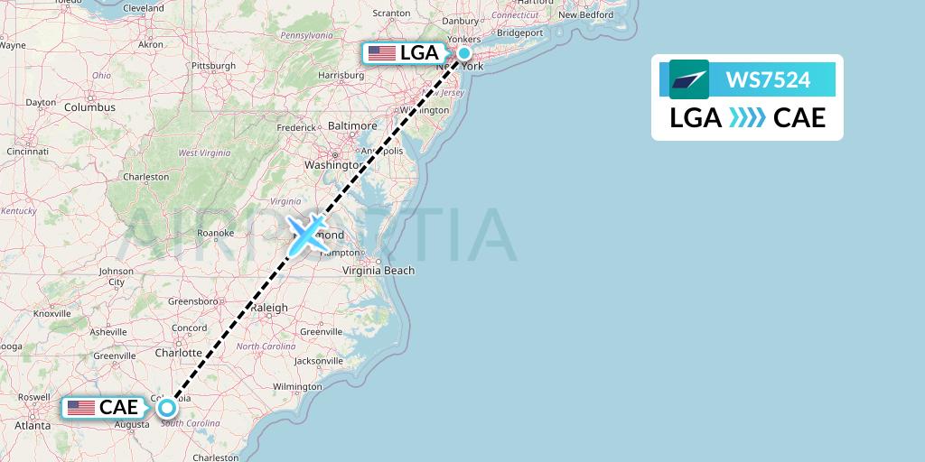 WS7524 WestJet Flight Map: New York to Columbia