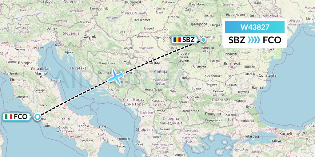 W43827 Wizz Air Malta Flight Map: Sibiu to Rome