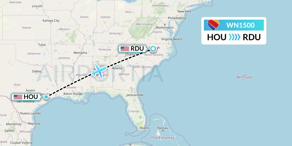 WN1500 Southwest Airlines Flight Map: Houston to Raleigh-Durham