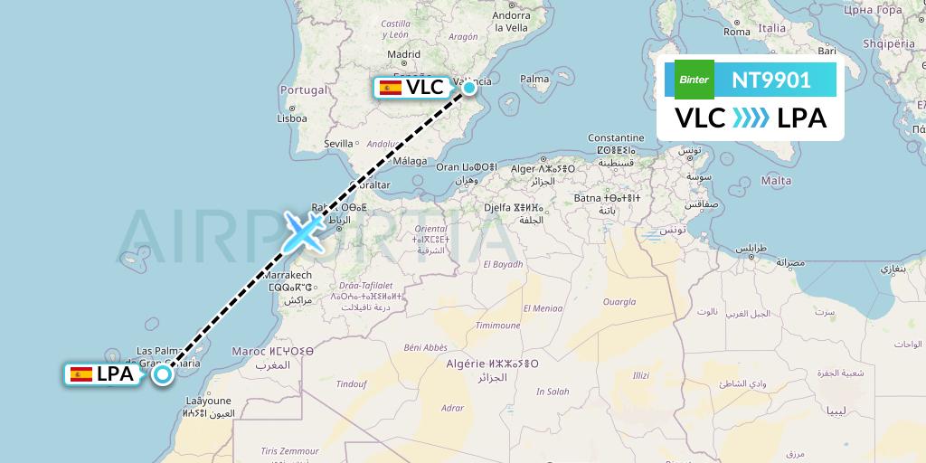 NT9901 Binter Canarias Flight Map: Valencia to Las Palmas