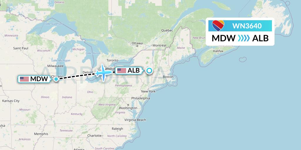 WN3640 Southwest Airlines Flight Map: Chicago to Albany