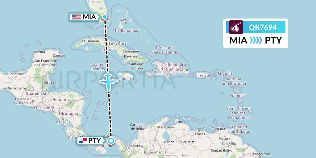 QR7694 Qatar Airways Flight Map: Miami to Panama City