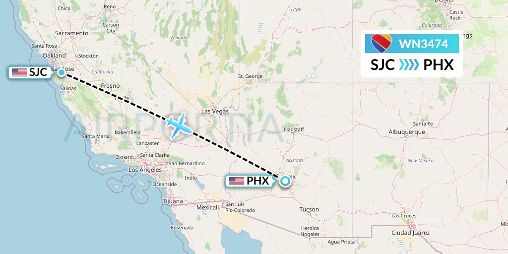 WN3474 Southwest Airlines Flight Map: San Jose to Phoenix