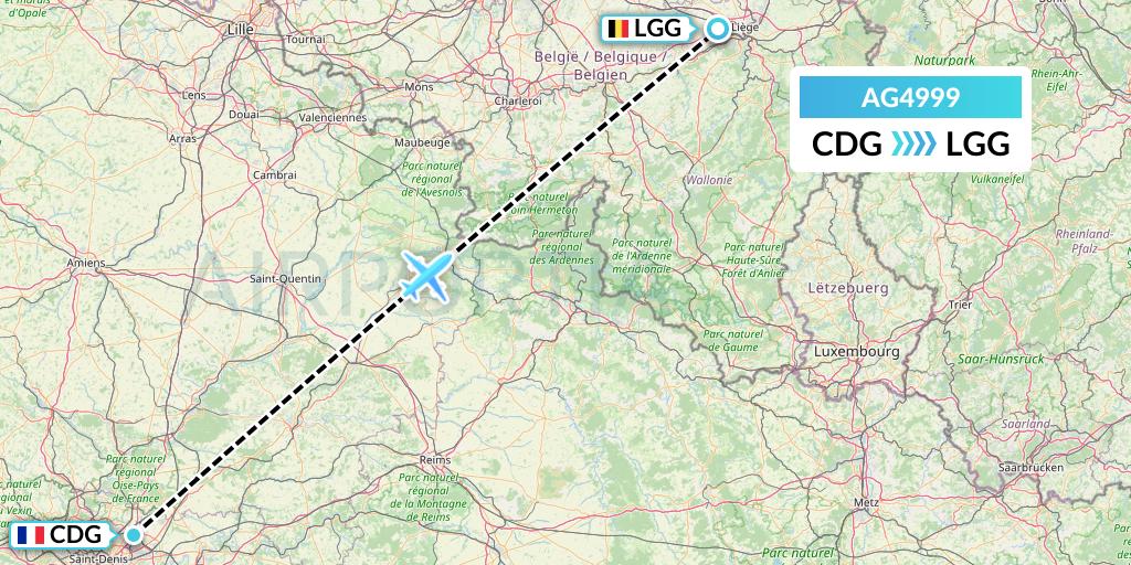 AG4999 Aruba Airlines Flight Map: Paris to Liege