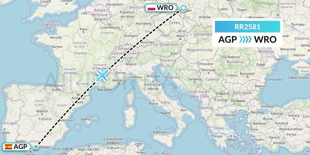 RR2581 Royal Air Force Flight Map: Malaga to Wroclaw