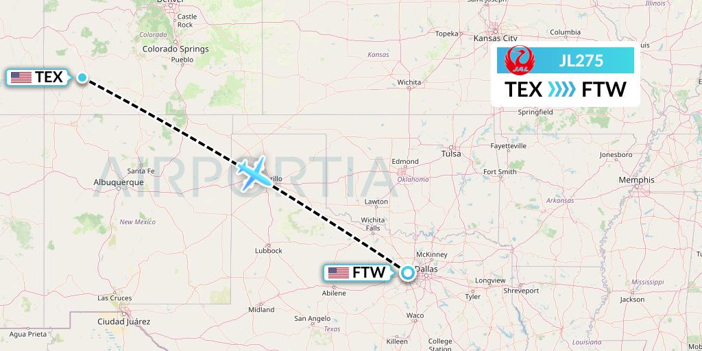 JL275 Japan Airlines Flight Map: Telluride to Fort Worth