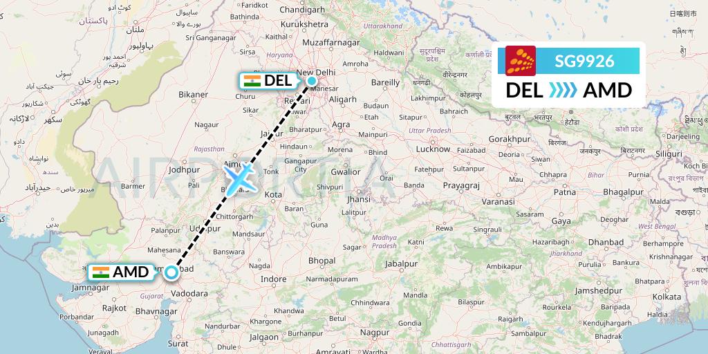 SG9926 SpiceJet Flight Map: Delhi to Ahmedabad