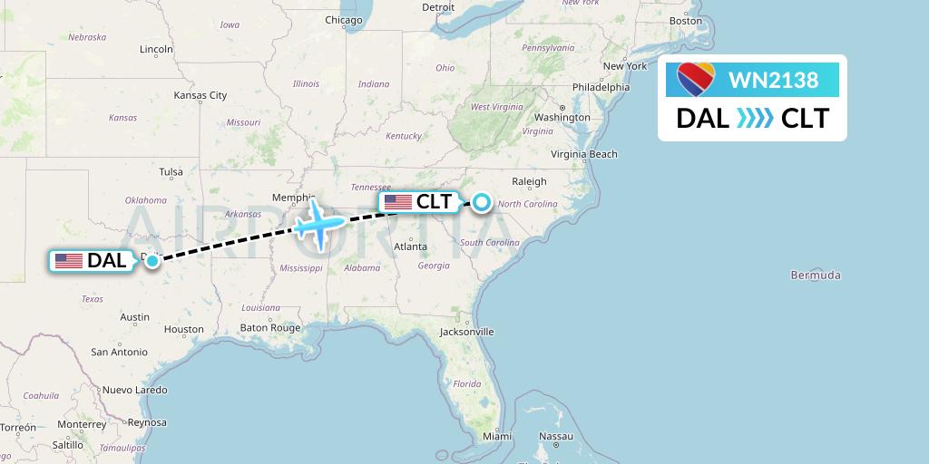 WN2138 Southwest Airlines Flight Map: Dallas to Charlotte