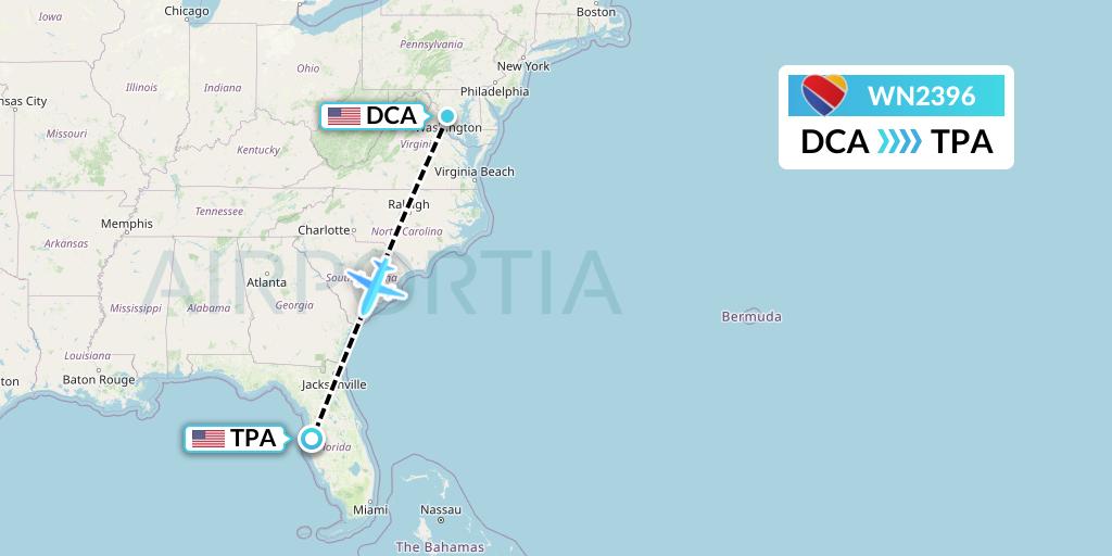 WN2396 Southwest Airlines Flight Map: Washington to Tampa