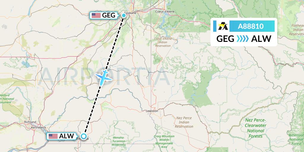 A88810 Aerolink Uganda Flight Map: Spokane to Walla Walla