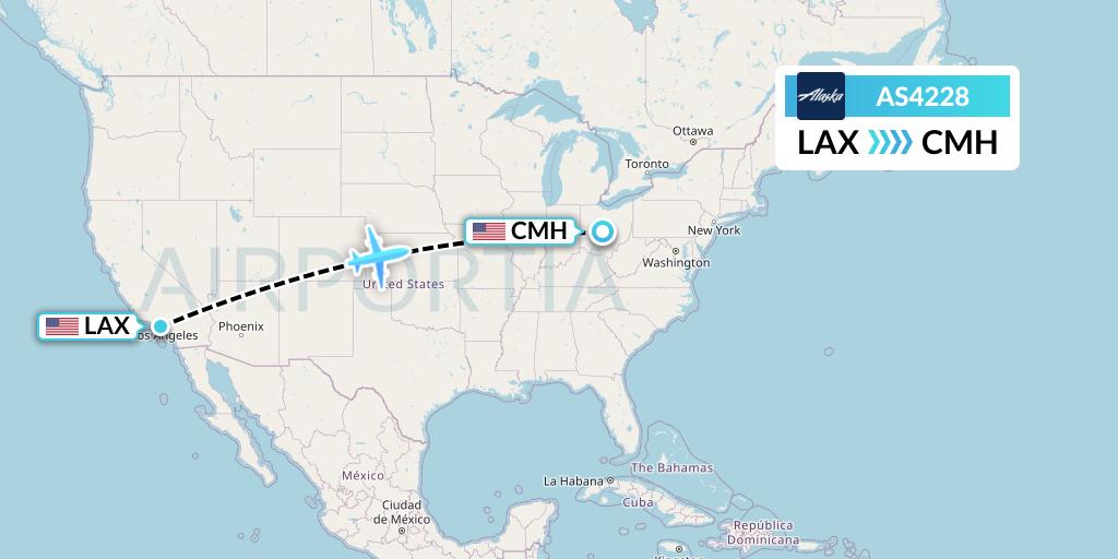AS4228 Alaska Airlines Flight Map: Los Angeles to Columbus