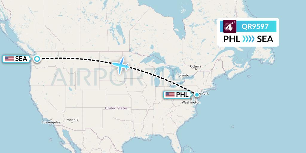 QR9597 Qatar Airways Flight Map: Philadelphia to Seattle