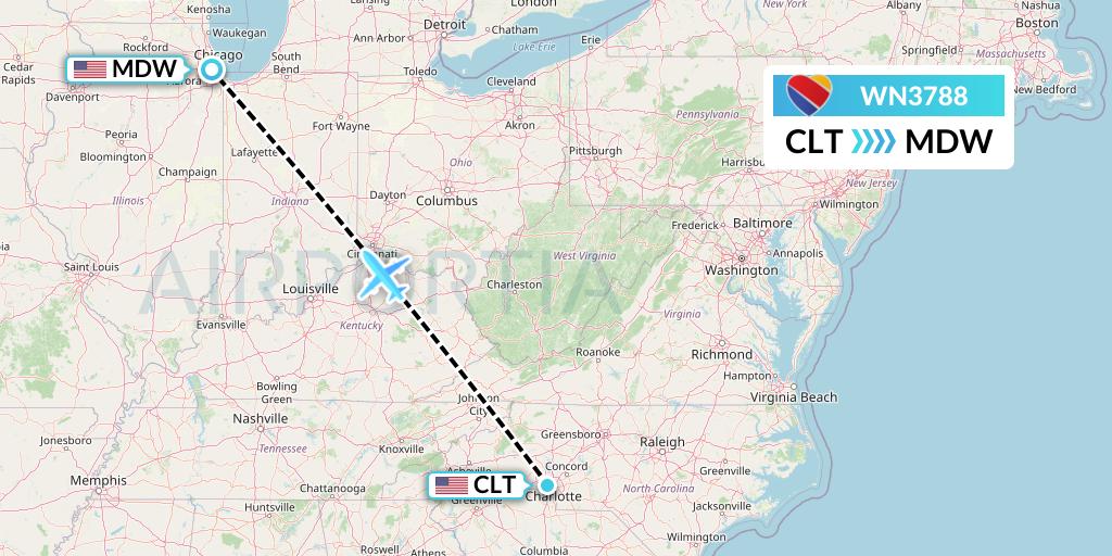 WN3788 Southwest Airlines Flight Map: Charlotte to Chicago