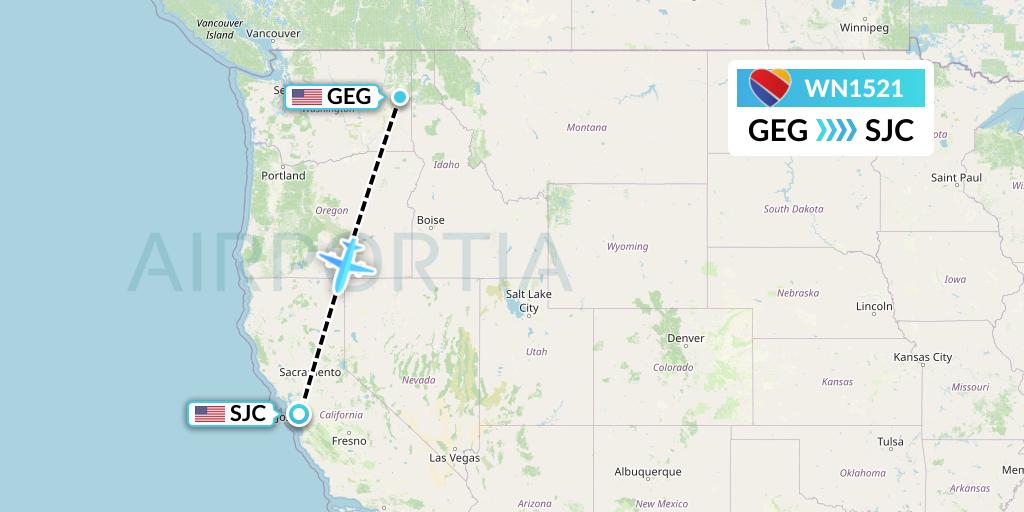 WN1521 Southwest Airlines Flight Map: Spokane to San Jose