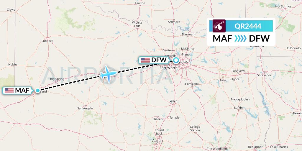 QR2444 Qatar Airways Flight Map: Midland to Dallas