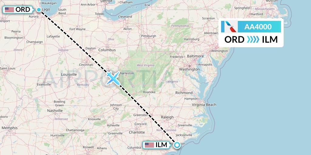 AA4000 American Airlines Flight Map: Chicago to Wilmington