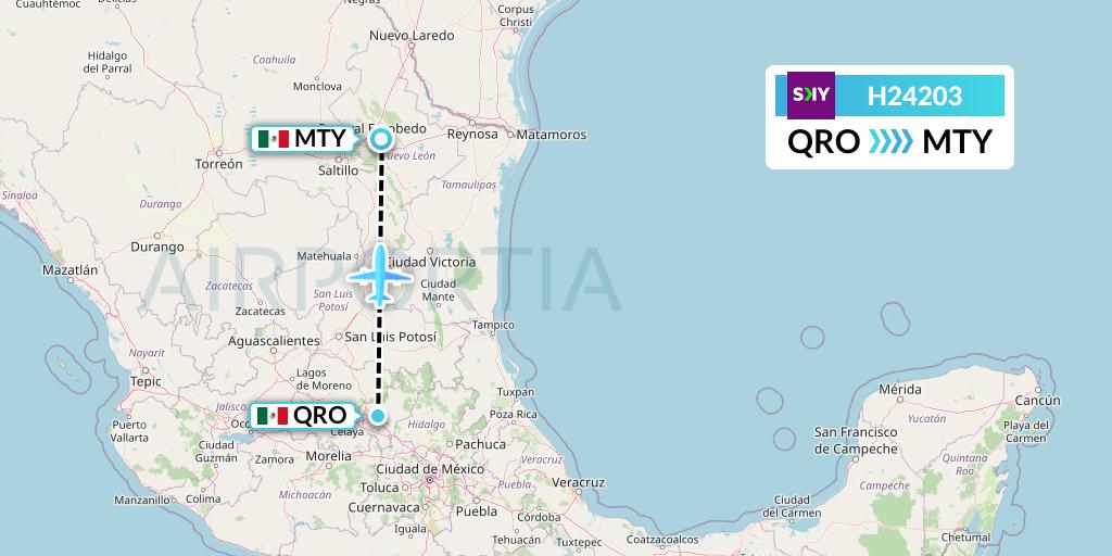 H24203 Sky Airline Flight Map: Queretaro to Monterrey