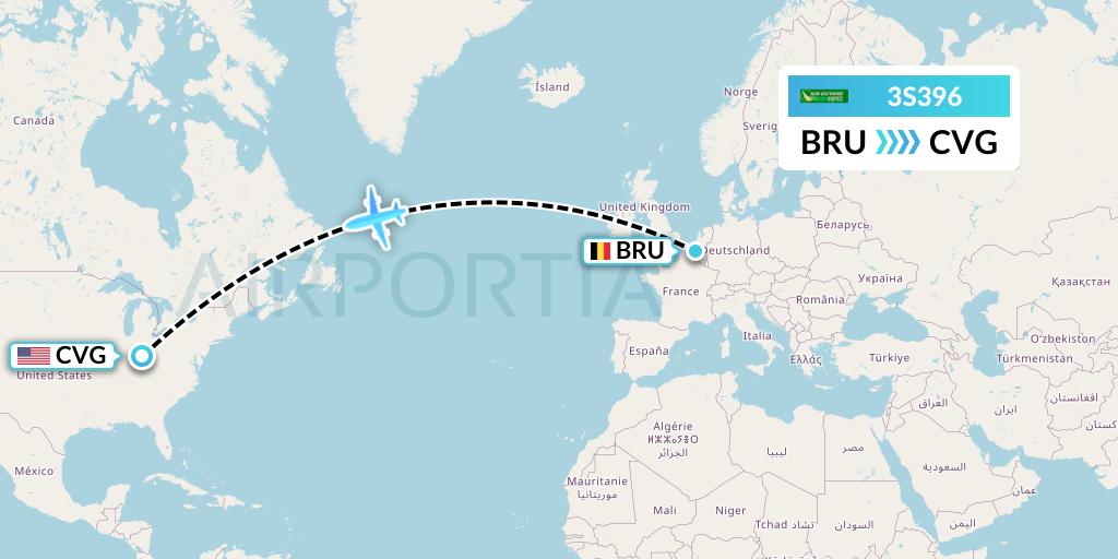 3S396 Air Antilles Express Flight Map: Brussels to Cincinnati