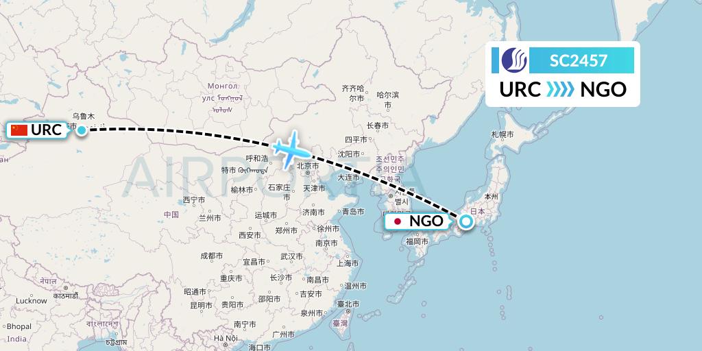 SC2457 Shandong Airlines Flight Map: Urumqi to Nagoya