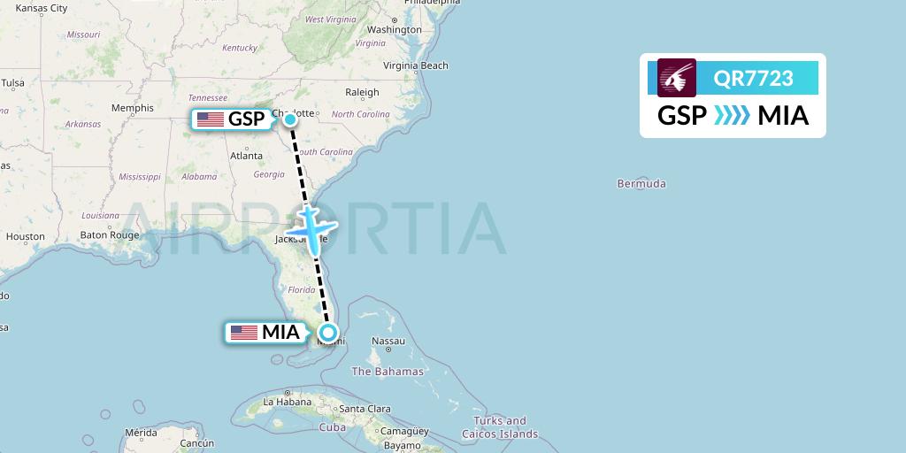 QR7723 Qatar Airways Flight Map: Greenville-Spartanburg to Miami