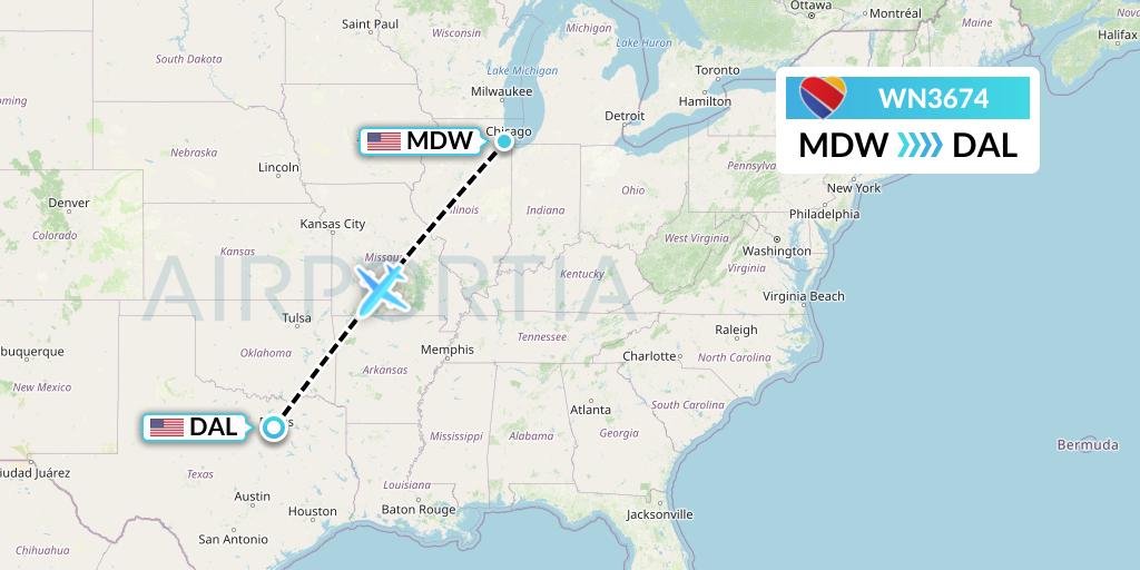 WN3674 Southwest Airlines Flight Map: Chicago to Dallas