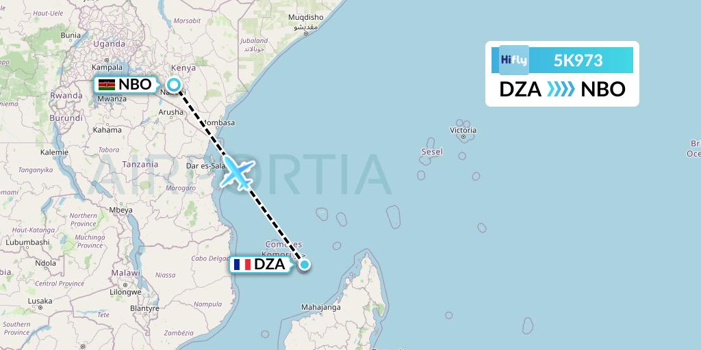 5K973 Hi Fly Flight Map: Dzaoudzi to Nairobi