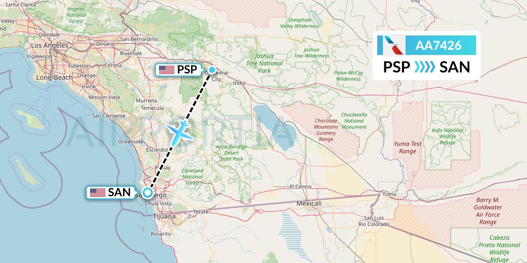 AA7426 American Airlines Flight Map: Palm Springs to San Diego