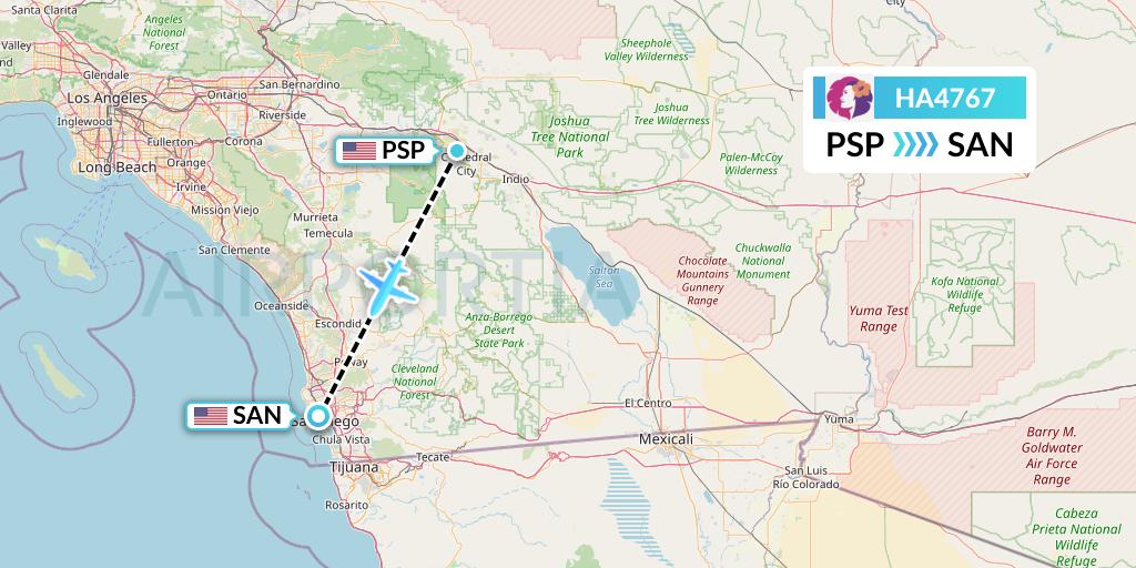 HA4767 Hawaiian Airlines Flight Map: Palm Springs to San Diego