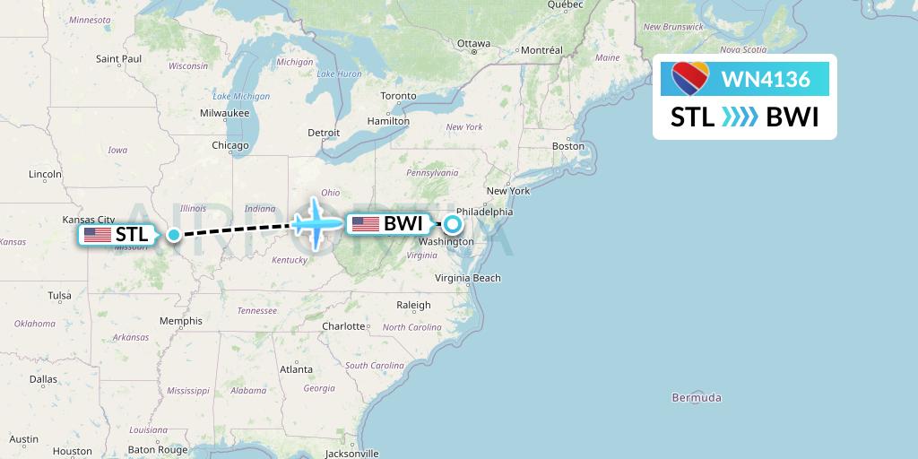 WN4136 Southwest Airlines Flight Map: St. Louis to Baltimore
