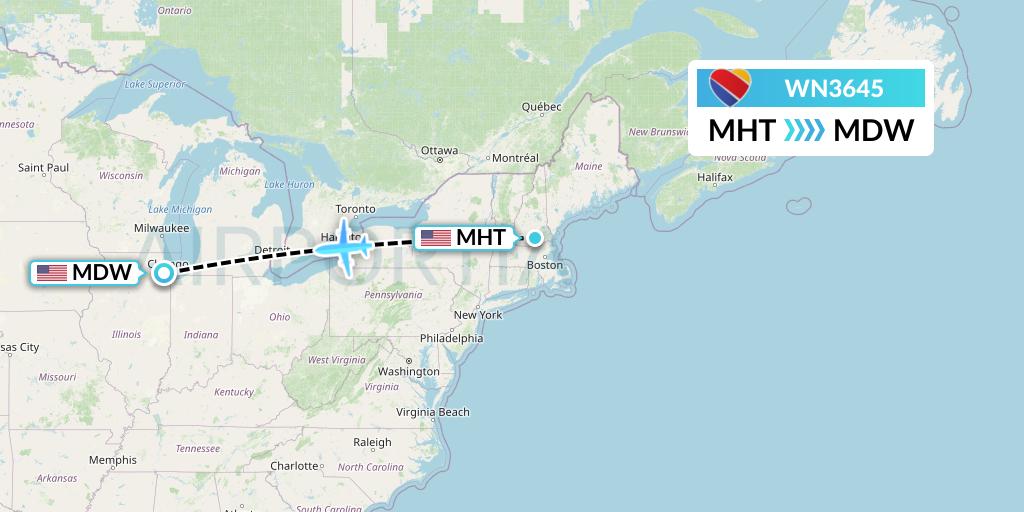WN3645 Southwest Airlines Flight Map: Manchester to Chicago