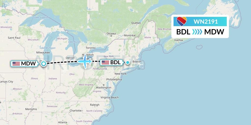 WN2191 Southwest Airlines Flight Map: Windsor Locks to Chicago