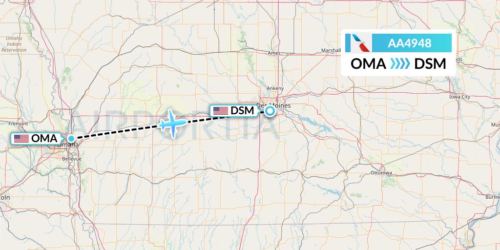 AA4948 American Airlines Flight Map: Omaha to Des Moines