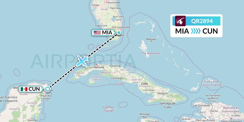 QR2894 Qatar Airways Flight Map: Miami to Cancun