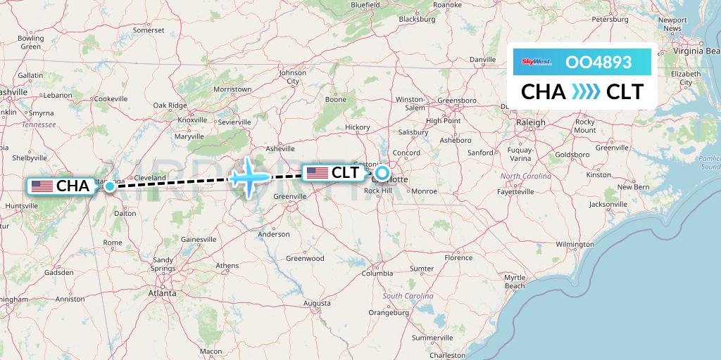 OO4893 SkyWest Airlines Flight Map: Chattanooga to Charlotte