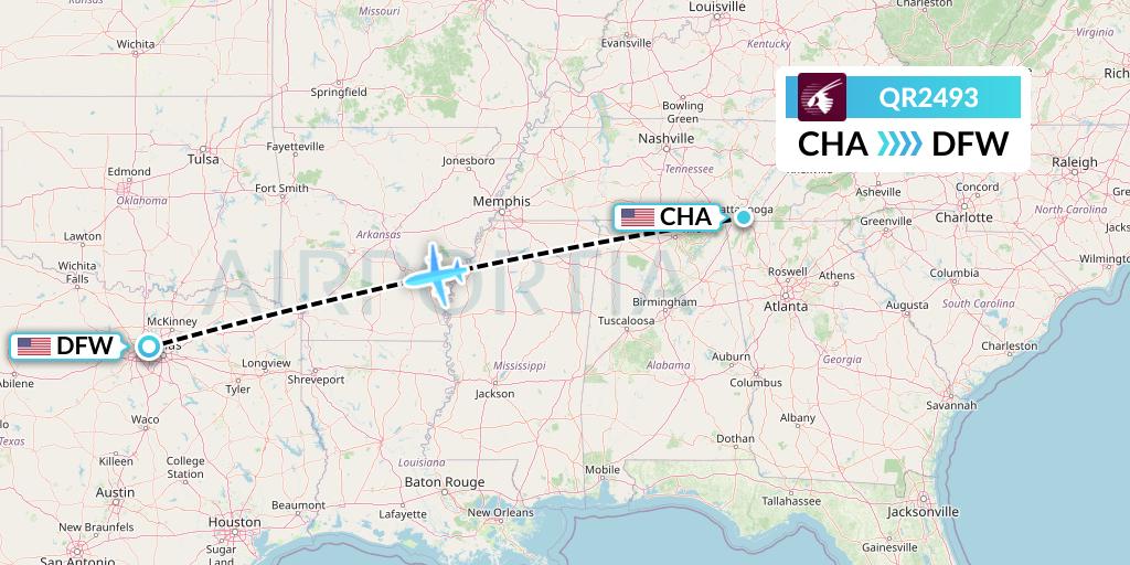 QR2493 Qatar Airways Flight Map: Chattanooga to Dallas