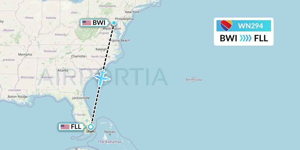 WN294 Southwest Airlines Flight Map: Baltimore to Fort Lauderdale
