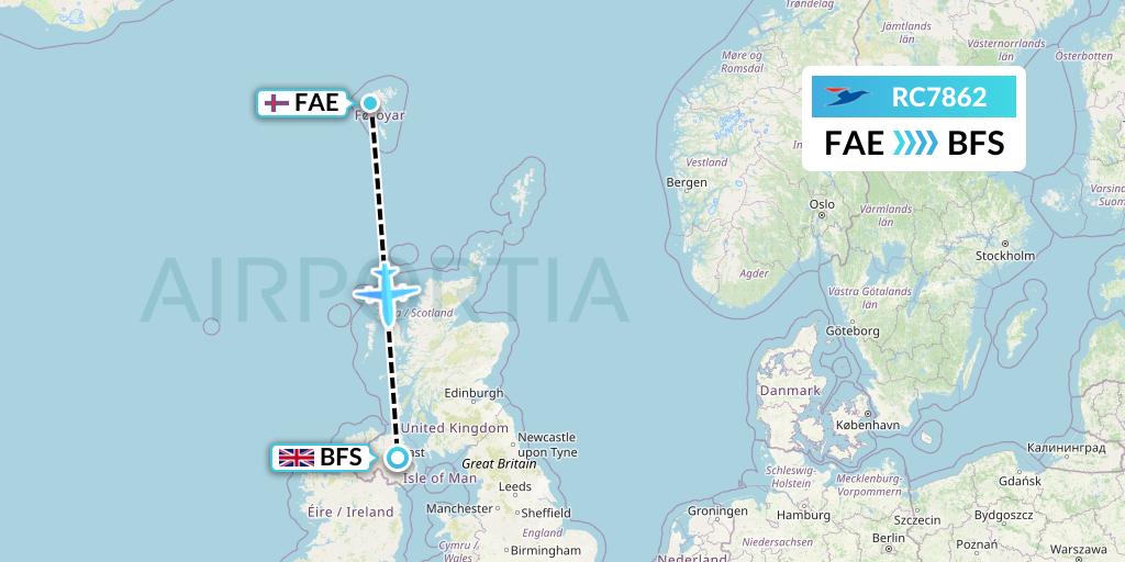 RC7862 Atlantic Airways Flight Map: Vagar to Belfast