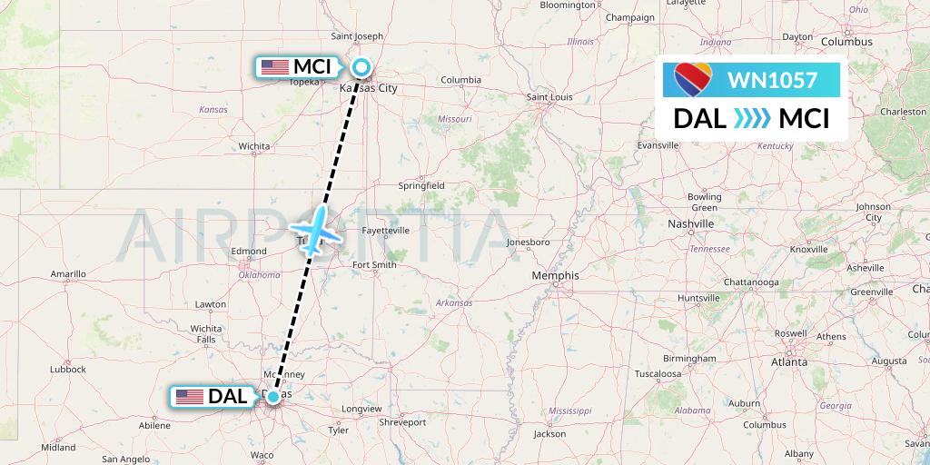 WN1057 Southwest Airlines Flight Map: Dallas to Kansas City