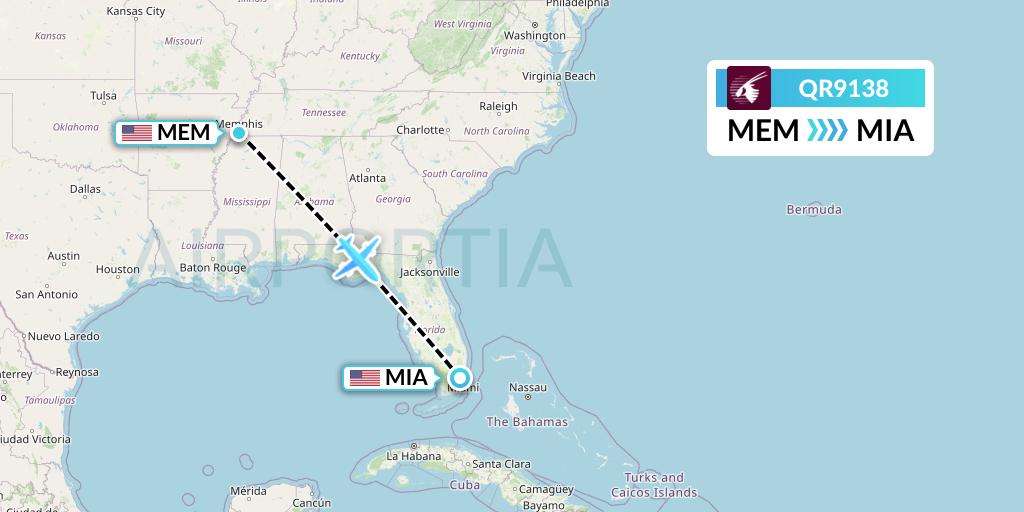 QR9138 Qatar Airways Flight Map: Memphis to Miami