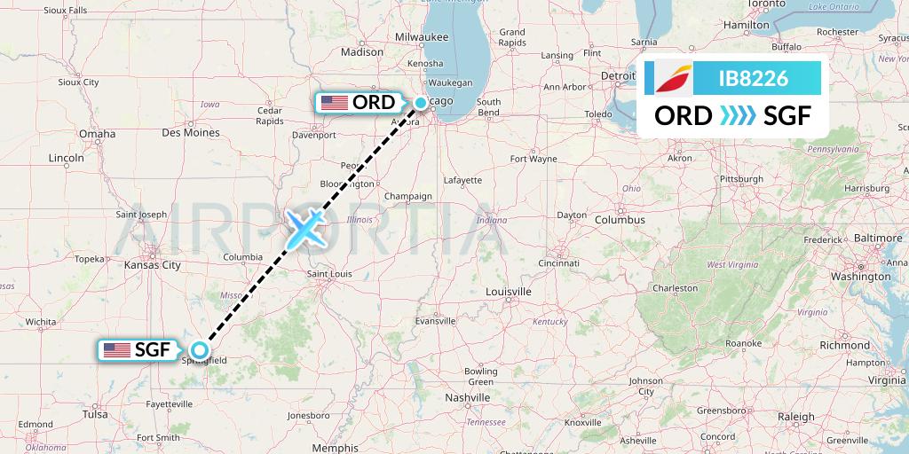 IB8226 Iberia Flight Map: Chicago to Springfield