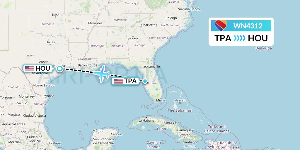 WN4312 Southwest Airlines Flight Map: Tampa to Houston