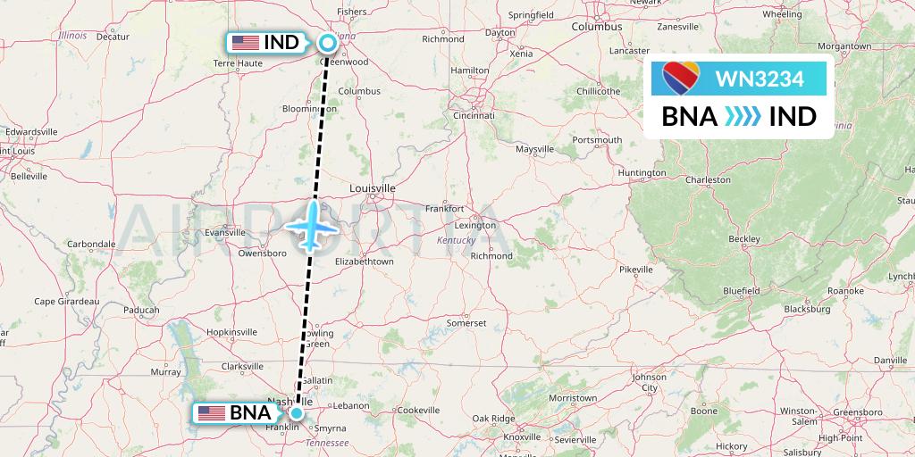 WN3234 Southwest Airlines Flight Map: Nashville to Indianapolis