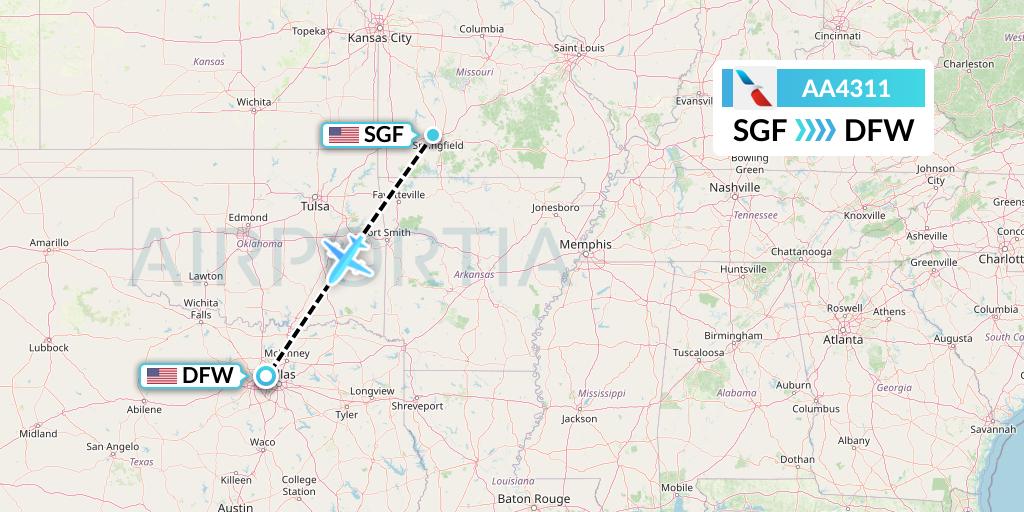AA4311 American Airlines Flight Map: Springfield to Dallas