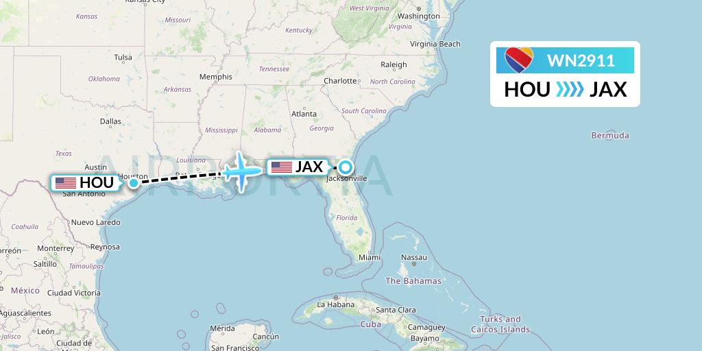 WN2911 Southwest Airlines Flight Map: Houston to Jacksonville