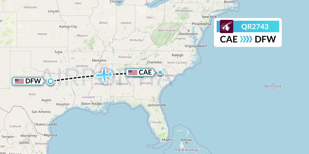 QR2743 Qatar Airways Flight Map: Columbia to Dallas