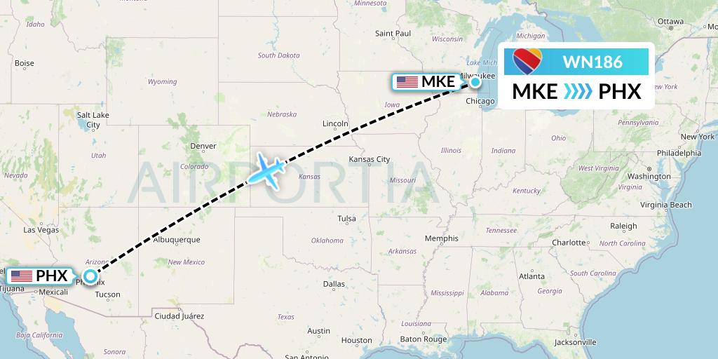 WN186 Southwest Airlines Flight Map: Milwaukee to Phoenix