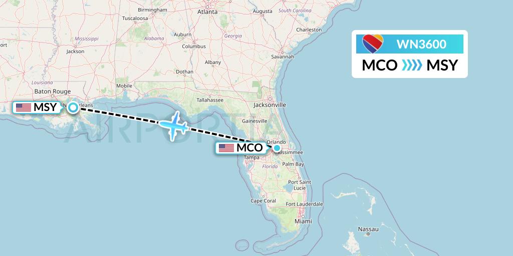 WN3600 Southwest Airlines Flight Map: Orlando to New Orleans