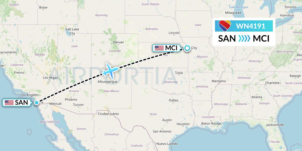 WN4191 Southwest Airlines Flight Map: San Diego to Kansas City